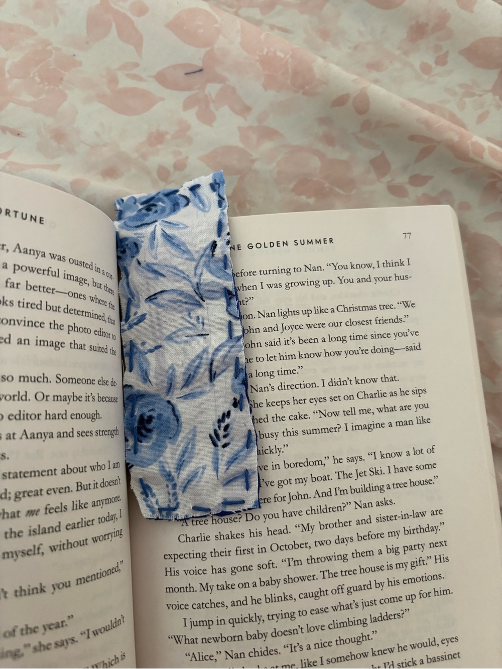 Hand Crafted Blue Floral Fabric Bookmark with Blue Background